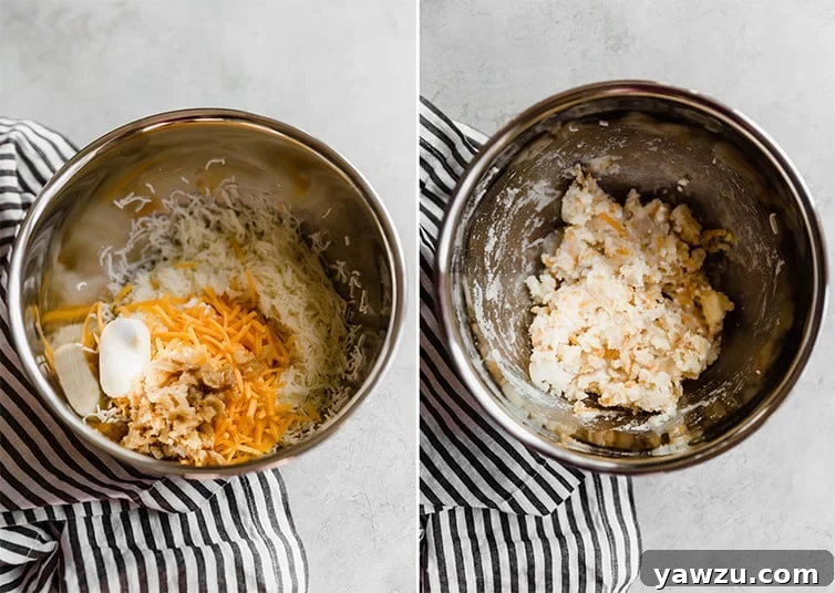 Two side-by-side photos of the potato and cheese pierogi filling: one with freshly riced potatoes, the other with all ingredients mixed.