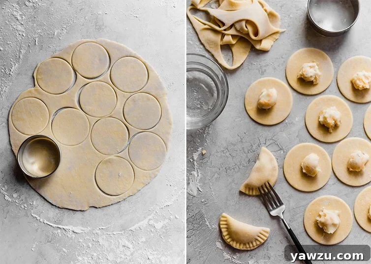Two side-by-side photos: one showing dough circles being cut, the other showing a pierogi being filled and sealed.