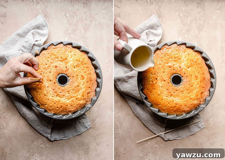A skewer poking holes in the surface of a baked butter cake, with glaze being drizzled on top.