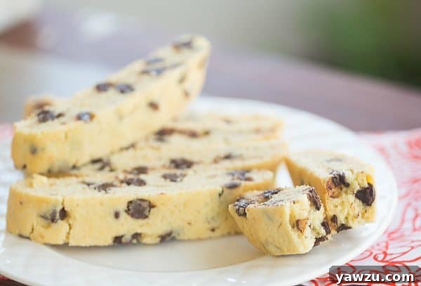 Stack of freshly baked Chocolate Chip Biscotti, ready to be enjoyed.