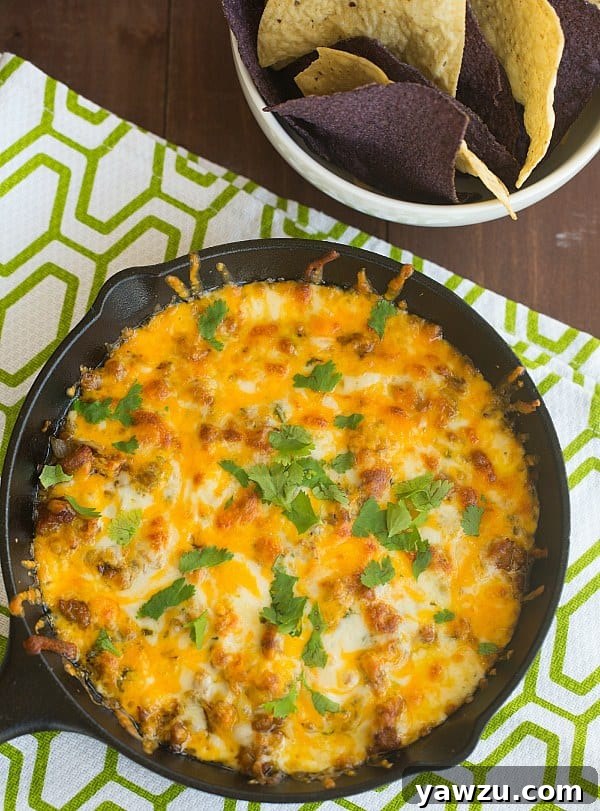 Hot and bubbly Queso Fundido in a cast iron skillet, ready to serve.