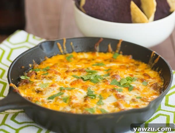 Scooping a generous portion of cheesy Queso Fundido with a tortilla chip.