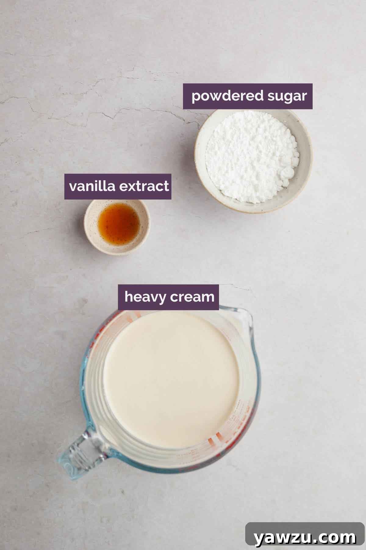 Ingredients for homemade whipped cream prepped and labeled.