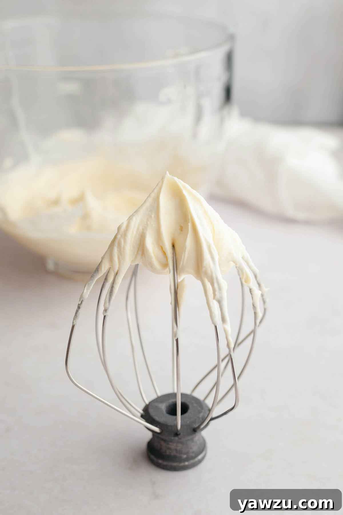 Wire whisk of a stand mixer sitting upright on a counter with homemade whipped cream in stiff peaks on the end.