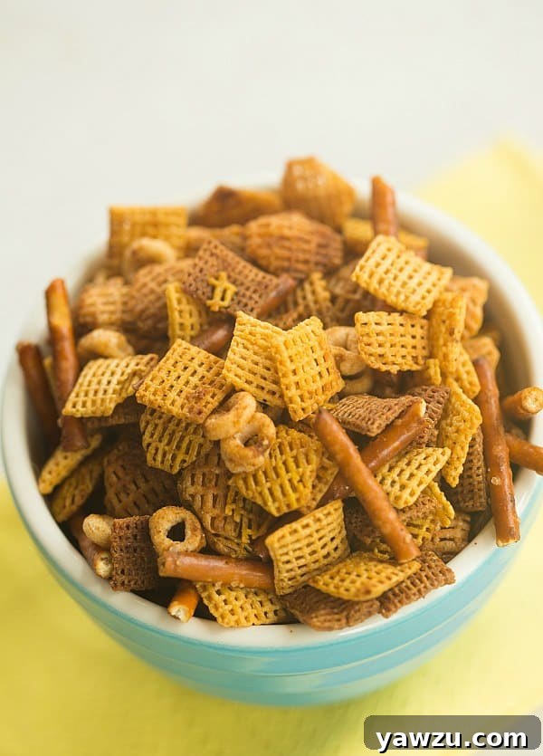 Freshly baked Homemade Chex Mix in a large bowl, ready for serving.