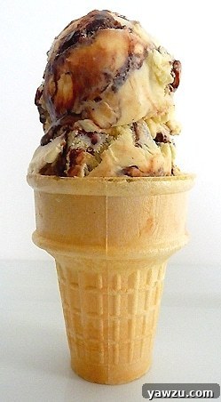 Ice cream cone with 2 scoops of tin roof ice cream, showcasing the rich chocolate fudge and crunchy peanuts.