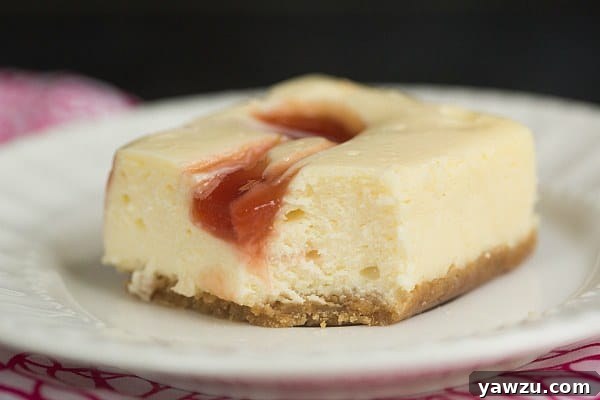 A top-down view of a single Strawberry Swirl Cheesecake Bar, showcasing the intricate swirl pattern and the thick, buttery graham cracker crust.