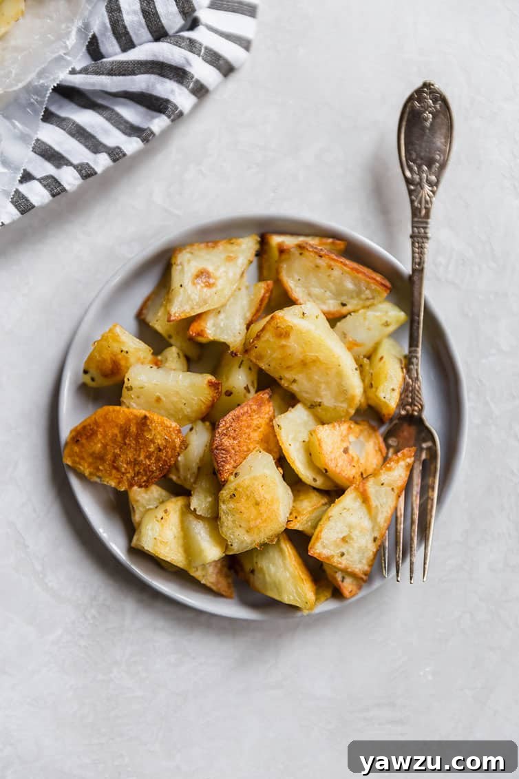 A single plate featuring a serving of crispy roasted potatoes, with a fork resting beside them, inviting a taste.