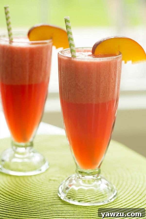 Cooling Watermelon-Peach Slushie for Picnics and Parties | yawzu.com #drinks #summerrecipe