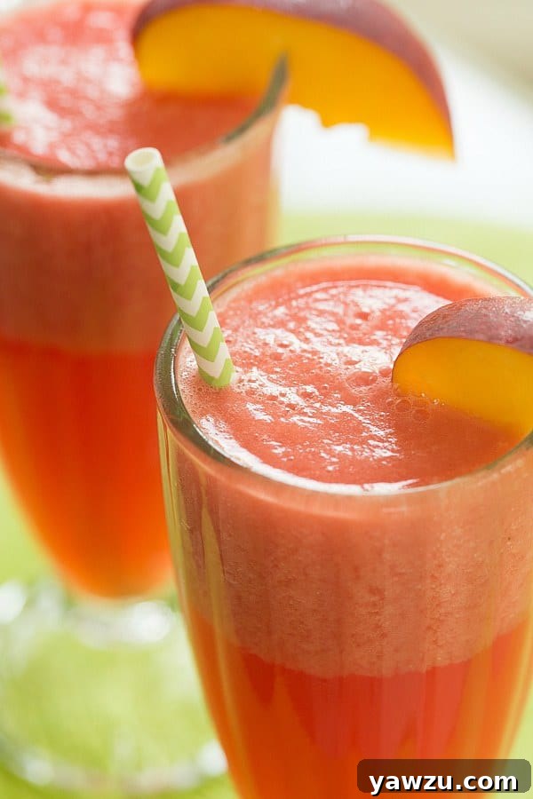Easy Watermelon-Peach Slushie Recipe for Hot Days | browneyedbaker.com #refreshing #slushie