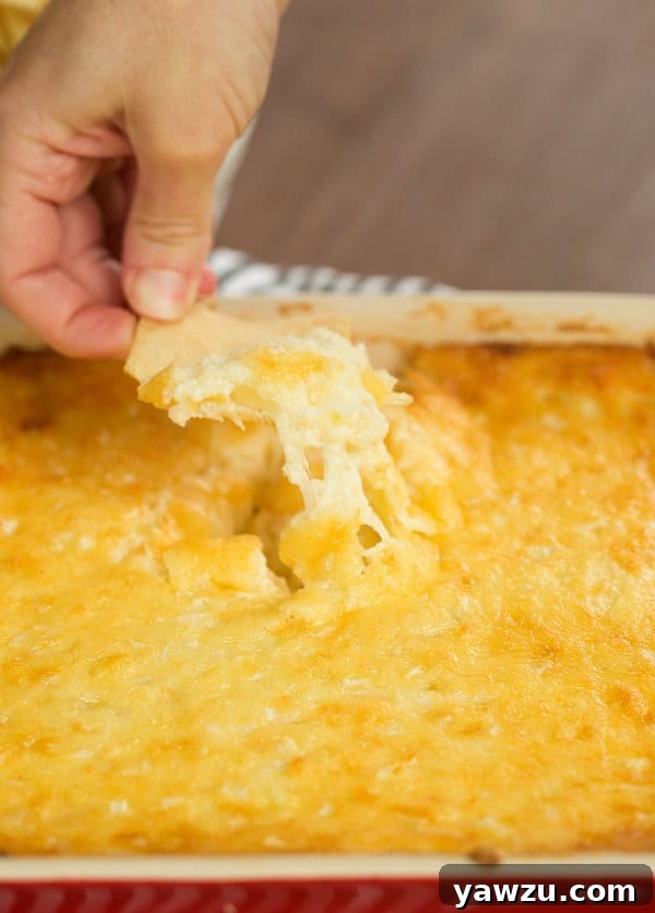 Close-up view of the baked Vidalia Onion Dip, showing its golden-brown crust.