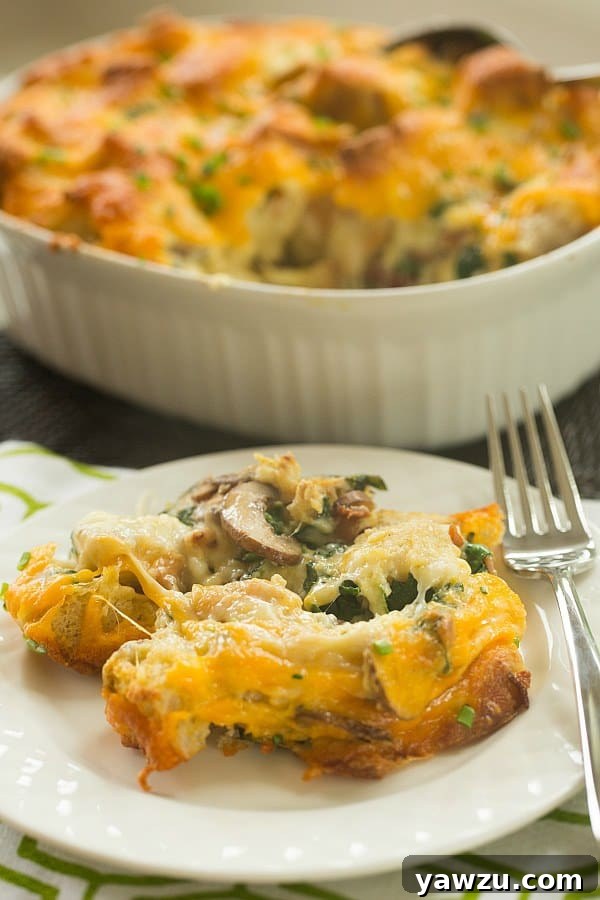 Homemade Cheesy Bacon, Mushroom & Spinach Breakfast Strata for Brunch