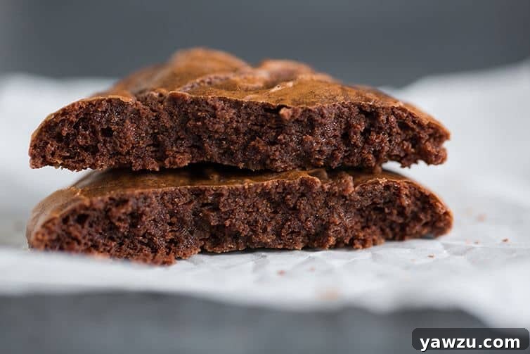 An inside look at the dense and fudgy Better-Than-Brownies Chocolate Cookies, showing the rich texture and melted chocolate chips.