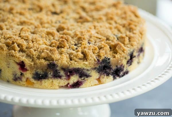 Close-up of Blueberry Peach Coffee Cake slice