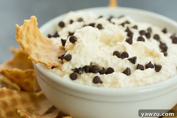 A bowl of creamy Cannoli Dip with dippers and chocolate chips