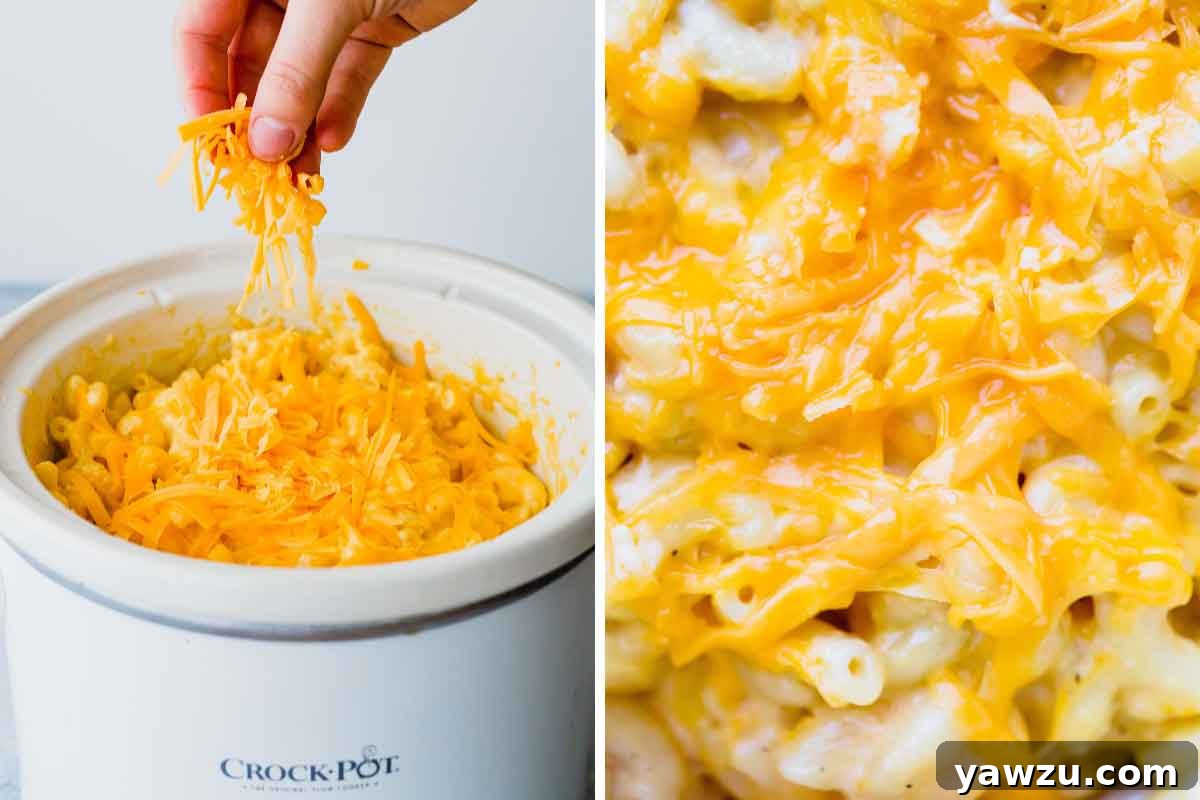 A hand sprinkling shredded cheese on top of macaroni and cheese in a slow cooker, then a close up of the melted cheese.