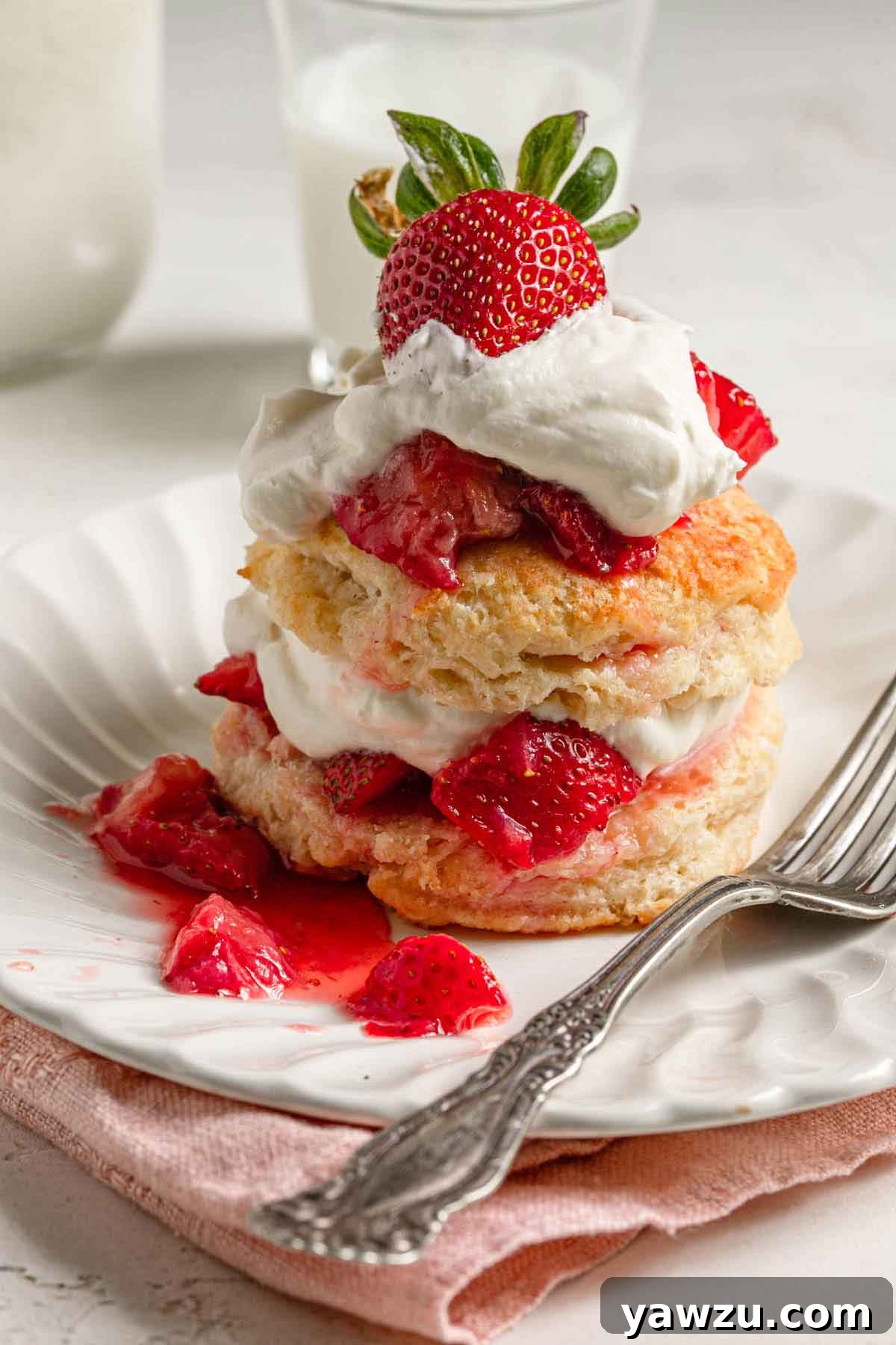 Fully assembled homemade strawberry shortcake with extra strawberries and whipped cream on the top.