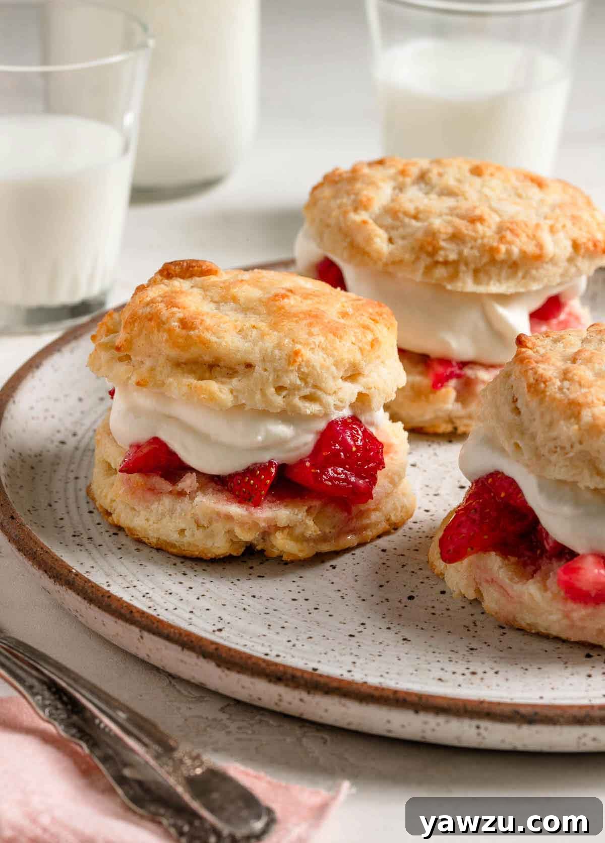 A speckled plate with three assembled strawberry shortcakes with biscuits, strawberries, and whipped cream.