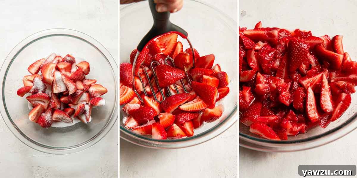 Series of photos showing how to macerate strawberries - quartered strawberries in a glass bowl being mashed.