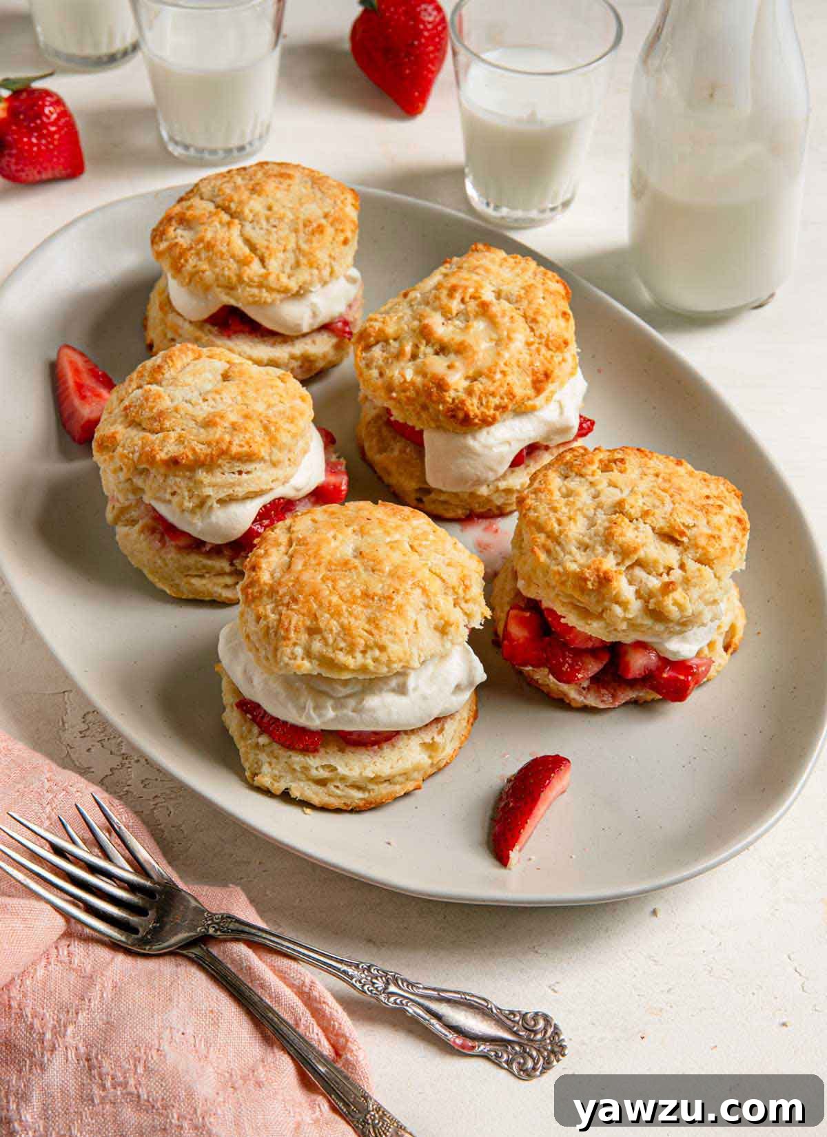 A platter of assembled strawberry shortcakes, with strawberries and glasses of milk in the background.