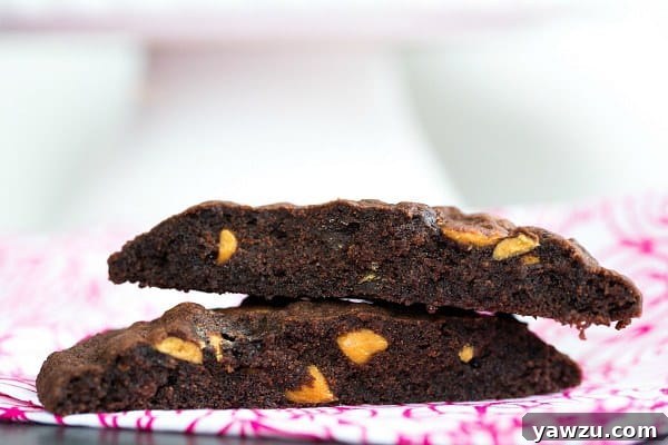 A stack of golden-brown and chocolate Giant Chocolate Peanut Butter Chip Cookies on a white plate