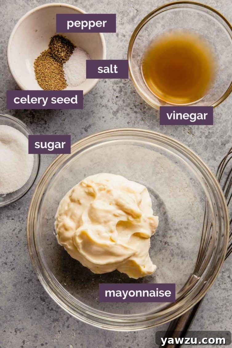 The ingredients for coleslaw with purple label saying what each ingredient is.