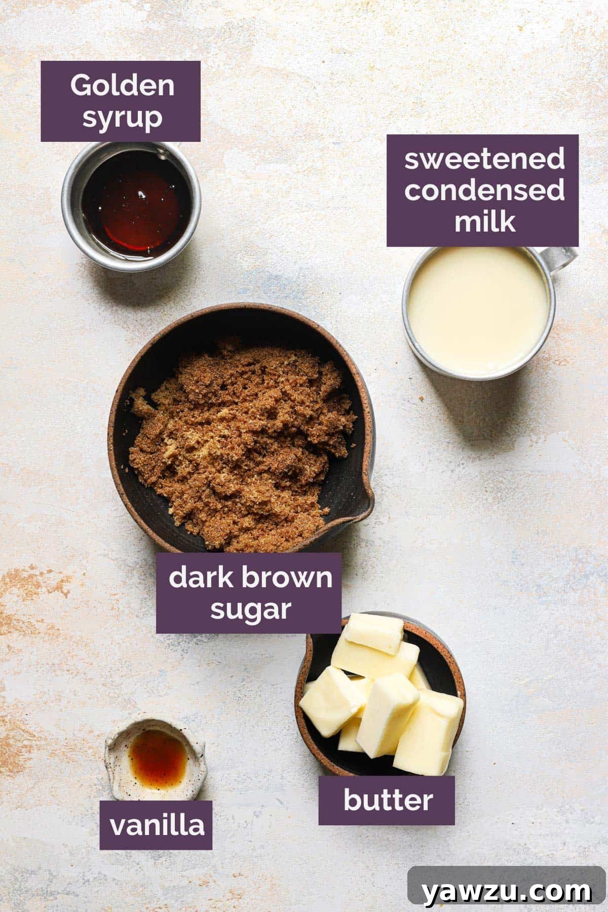 Ingredients for the caramel filling with labels for each ingredient in purple.