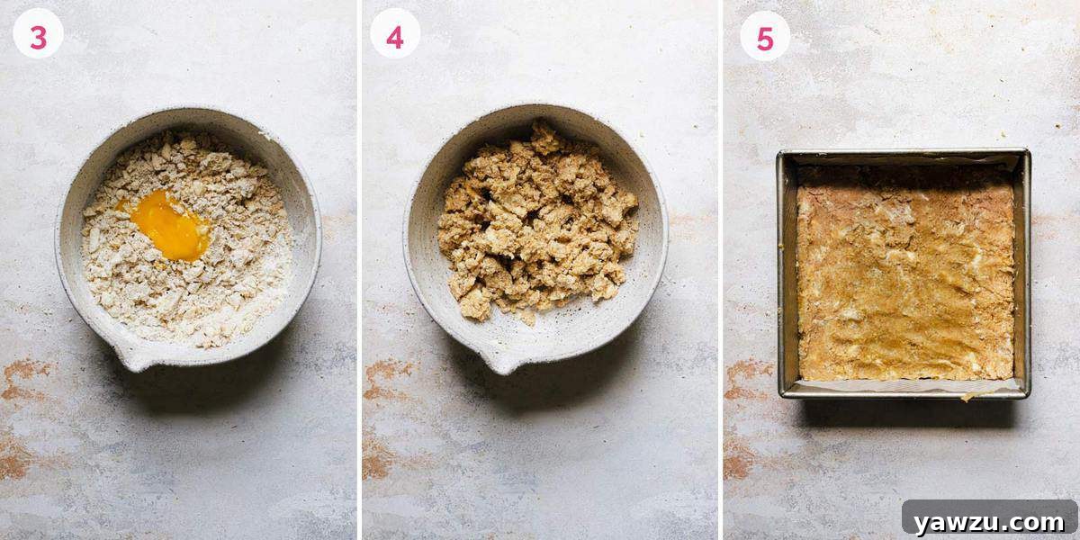 Three side by side photos of adding the egg yolk on the left, binding the crust in the middle, and pressing the crust into the pan on the right.