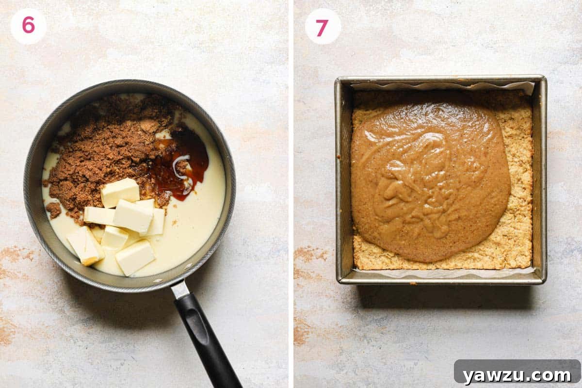 Two side by side photos of the steps for making the caramel sauce with the melting of the sauce in the pan on the left and pouring the sauce on the shortbread on the right.