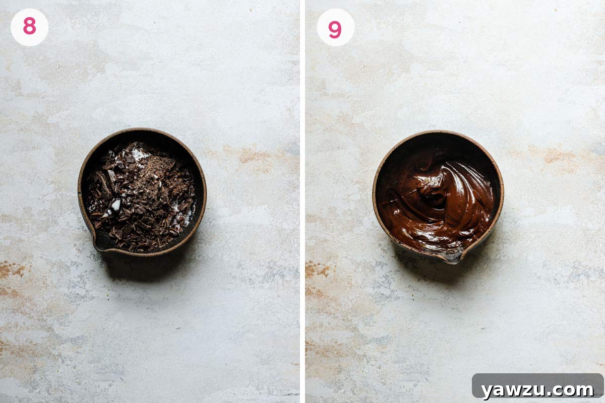 Two side by side photos of how to make the chocolate ganache with the unmelted ganache on the left and the melted ganache on the right.