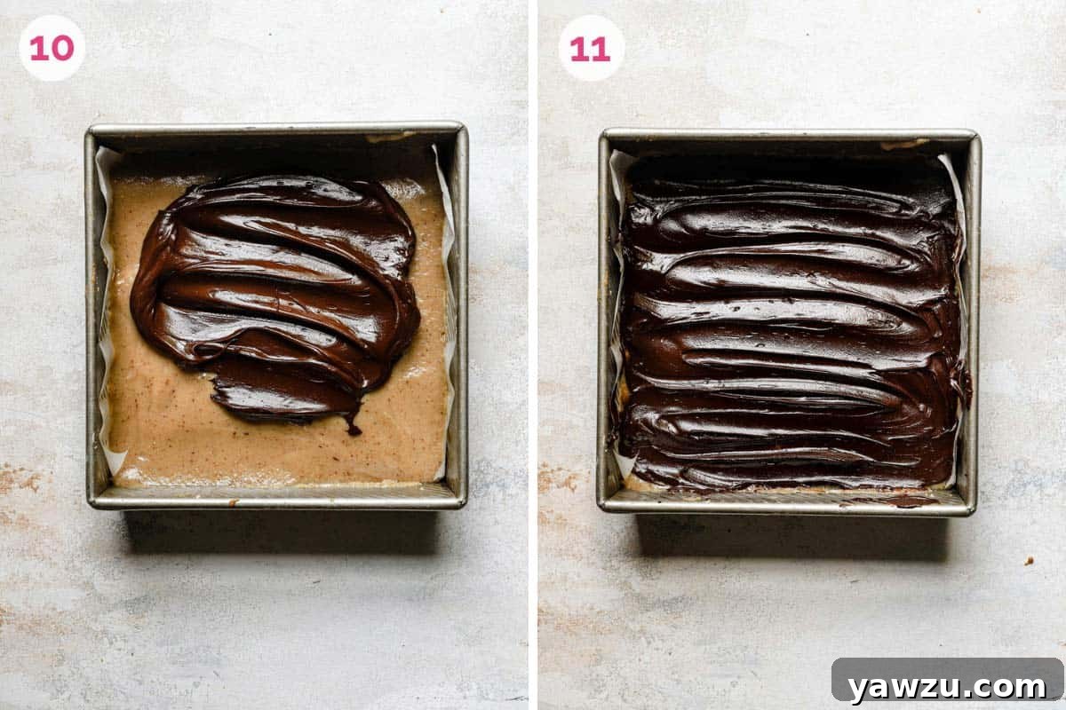 Two side by side photos of topping the millionaire's shortbread with the ganache poured on the left and the ganache spread over the bars on the right.