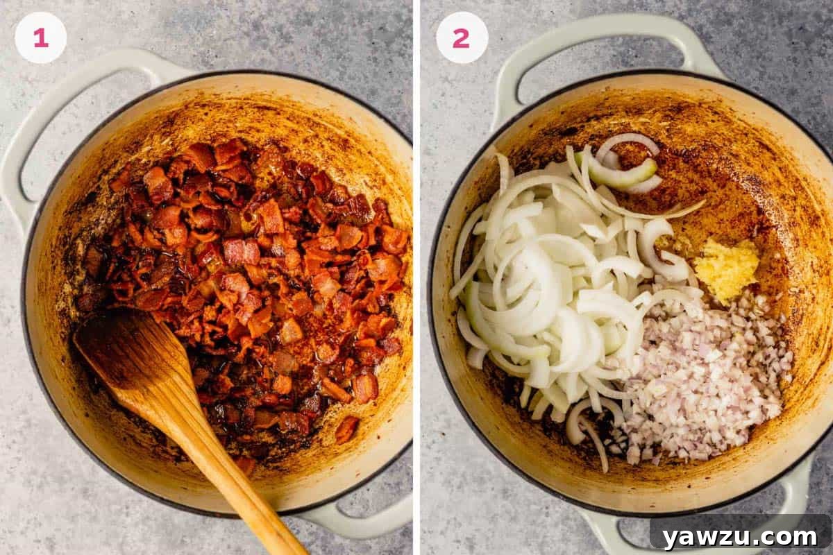 Side-by-side images showing bacon bits crisping in a Dutch oven on the left, and aromatic onions and garlic softening in the rendered bacon fat on the right.