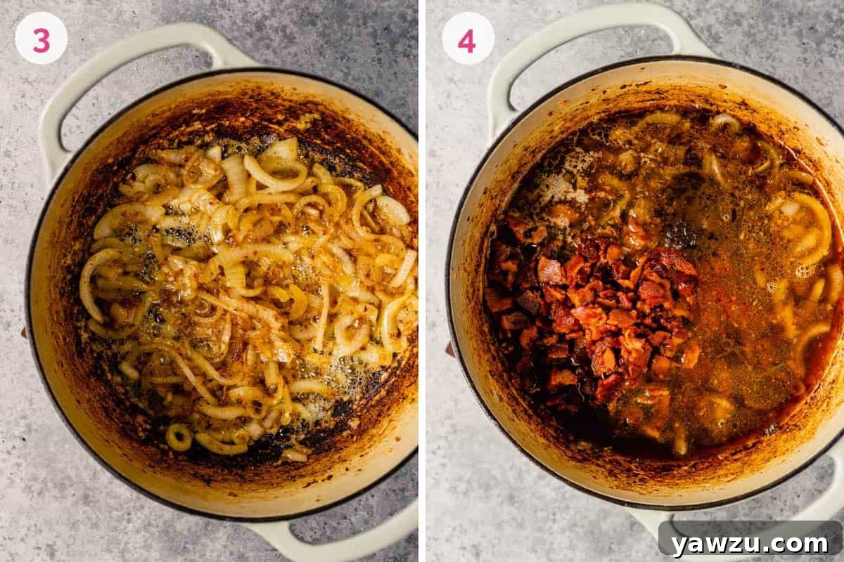 Two images side-by-side: caramelized onions in a Dutch oven on the left, and the addition of crispy bacon and liquids to the pot on the right, beginning the simmering process.
