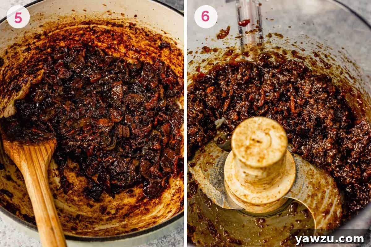A two-part image showing the rich, finished bacon jam in a jar on the left, and the process of pulsing the mixture in a food processor to achieve the perfect consistency on the right.
