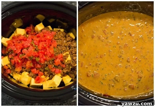 Close-up of Crock-Pot Spicy Beef Queso Dip with chips