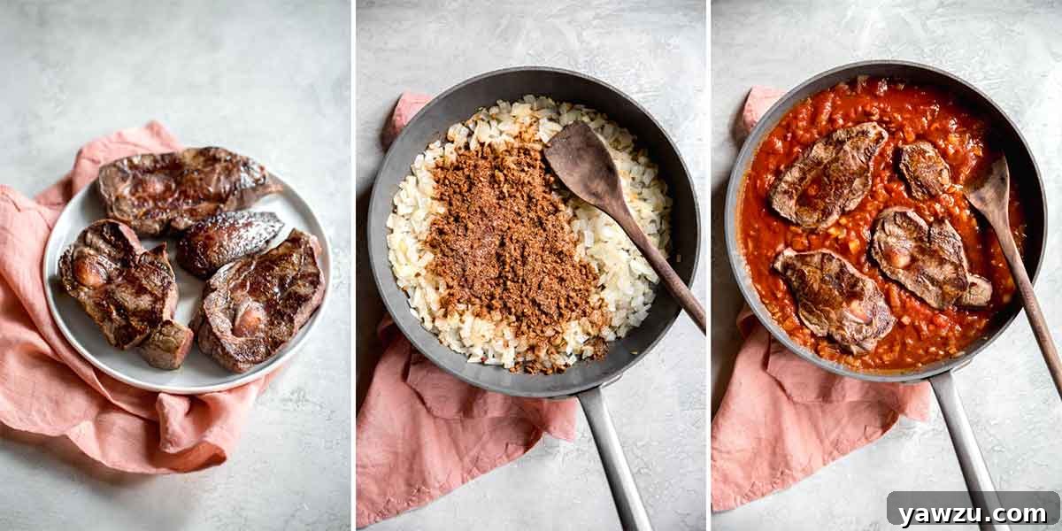 A collage of three process photos: seared beef, sauteed onion and spices in a pan, and beef simmering in a vibrant tomato sauce.