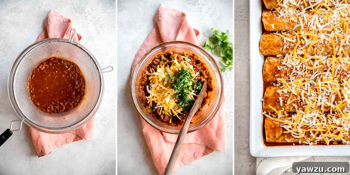 A collage of three process photos: strained enchilada sauce, a bowl of prepared enchilada filling, and assembled enchiladas in a baking dish, ready for the oven.
