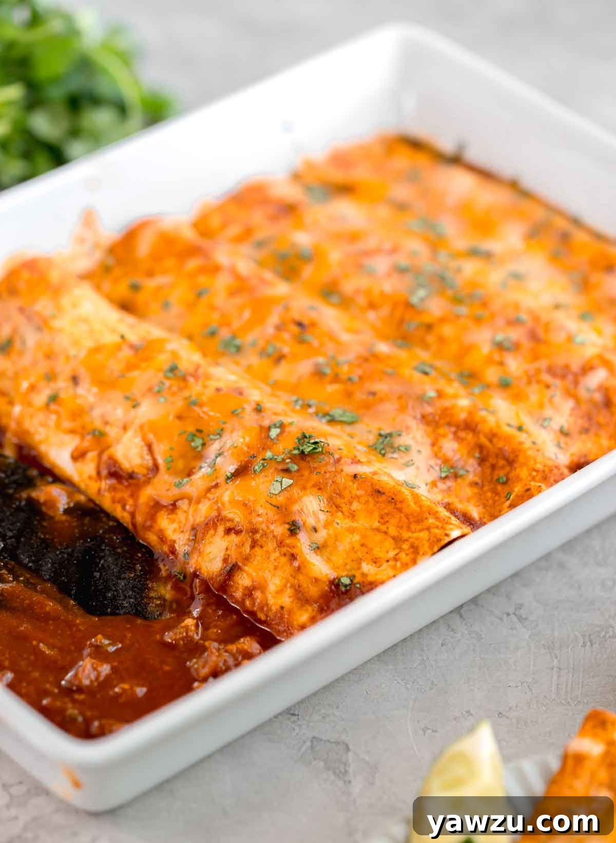 A baking dish filled with freshly baked beef enchiladas, featuring a rich pool of red enchilada sauce at the bottom and perfectly melted, bubbly cheese on top.