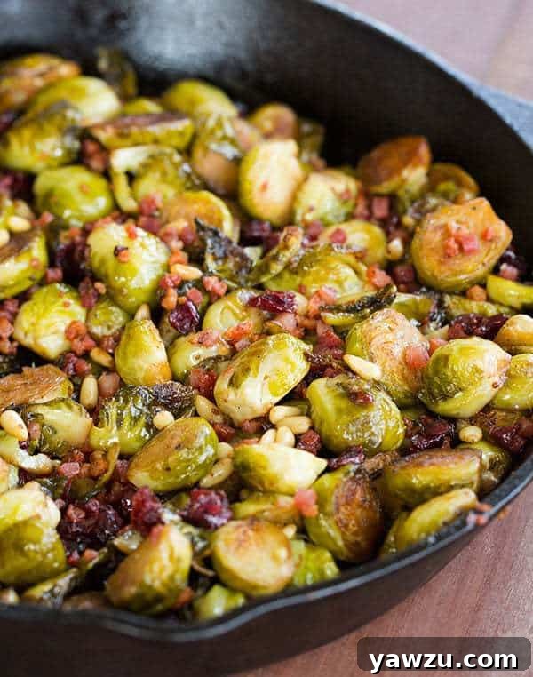 Close-up of roasted Brussels sprouts with pancetta, cranberries, and pine nuts, showcasing the delicious texture and vibrant colors.