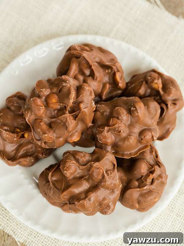 Melted chocolate and peanut mixture inside a slow cooker, ready to be stirred for perfect chocolate-covered peanut clusters.