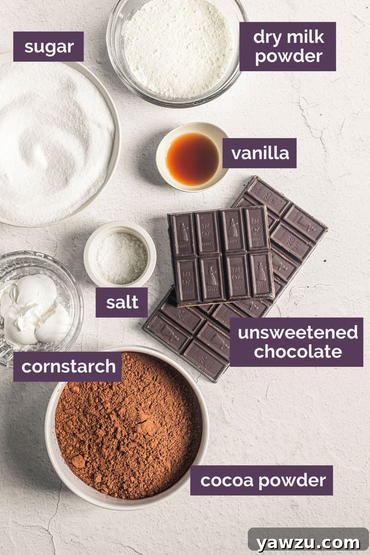 A selection of high-quality ingredients for homemade hot chocolate mix, meticulously prepped and laid out in individual bowls, each clearly labeled for easy identification and preparation.