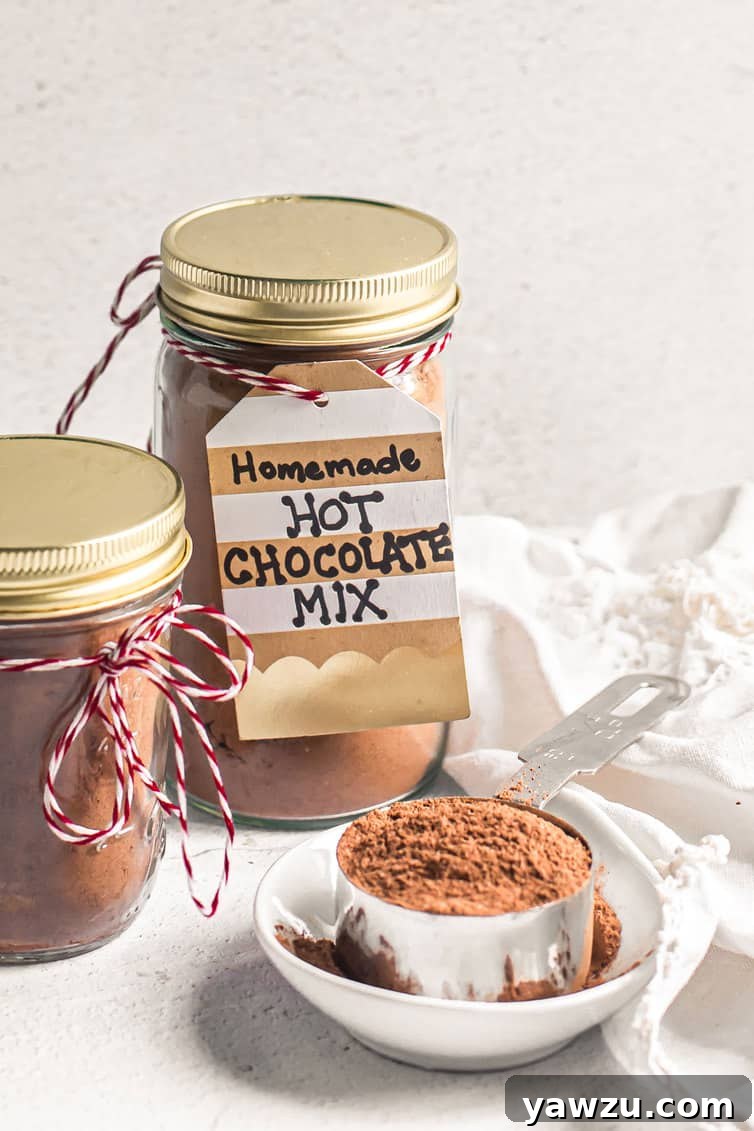 Homemade hot chocolate mix artfully arranged in several clear glass jars, accompanied by a small scoop of the mix on a white plate, effectively showcasing its homemade charm and gift-ready appeal.