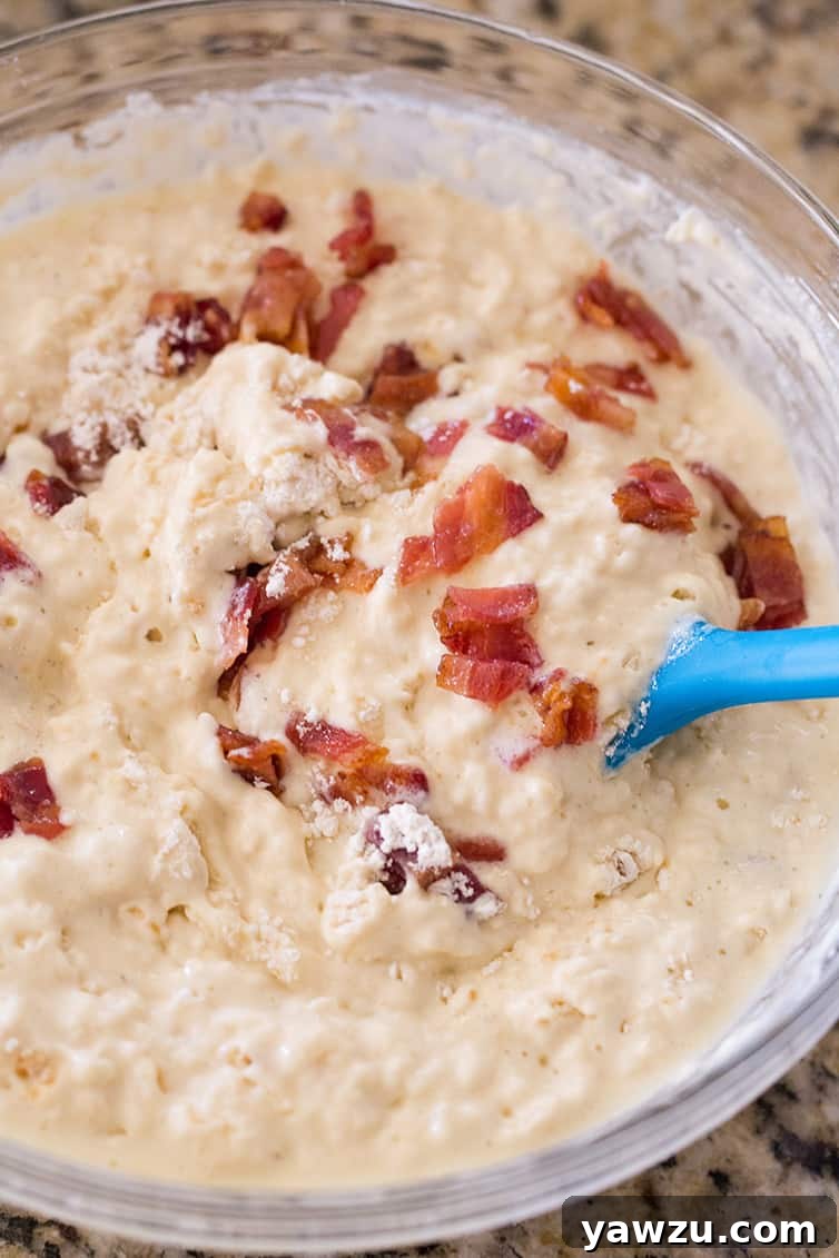Mixing up the batter for Brown Sugar-Bacon Buttermilk Waffles