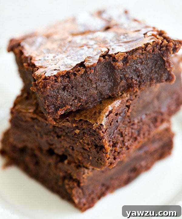 Close-up of a fudgy Guinness Brownie on a plate, showcasing its rich texture and dark color. An easy dessert for St. Patrick's Day.