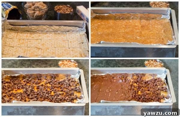 Preparing Saltine Toffee Candy, showing the melted butter and brown sugar caramel poured over saltine crackers.