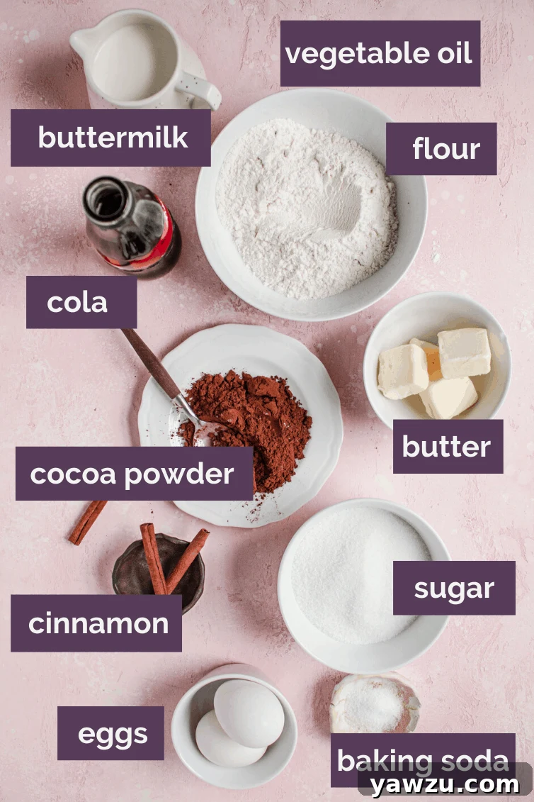 Ingredients collage for a coca cola cake.