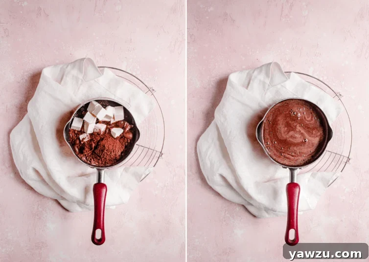 Side by side photos of melting cocoa powder and butter.