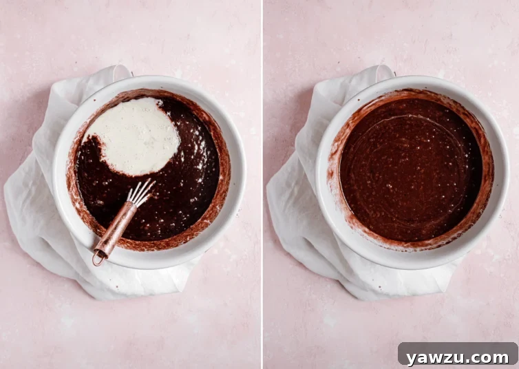 Side by side photos of mixing together batter for cola cake.