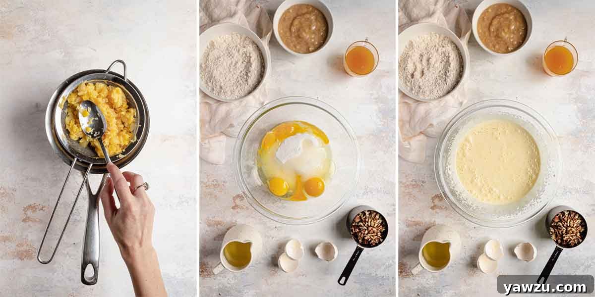 Three photos side by side showing the preparation of the wet ingredients for hummingbird cake.