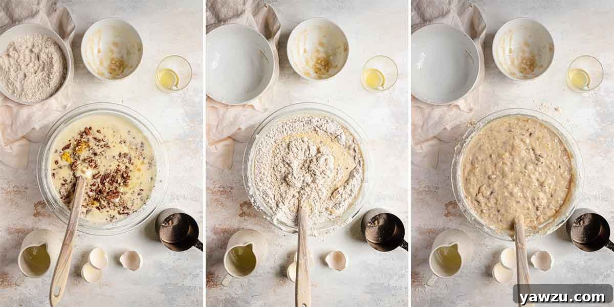 Three photos side by side showing the batter for hummingbird cake being mixed together.